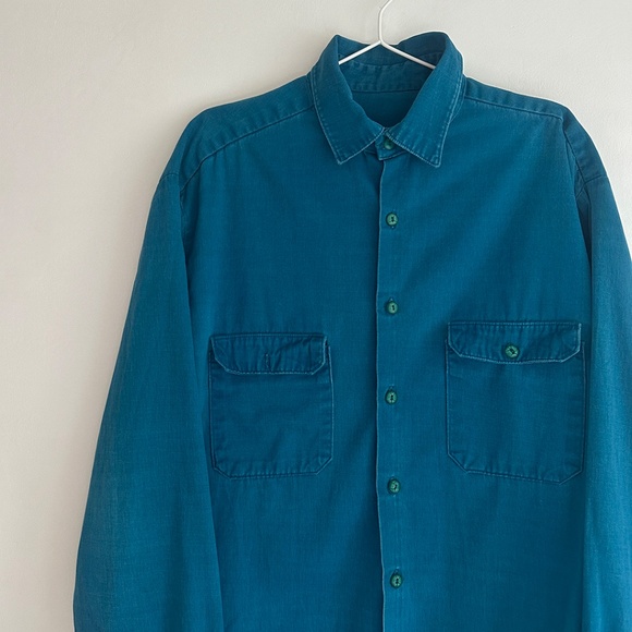 vintage 60s soft mens teal cotton collared work shirt chore jacket french L O/S - Picture 2 of 8